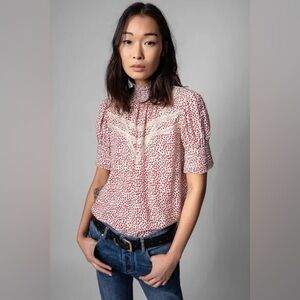 ZADIG & VOLTAIRE Tupelo Small Heart Short Sleeve Blouse Smock Neck Top Small